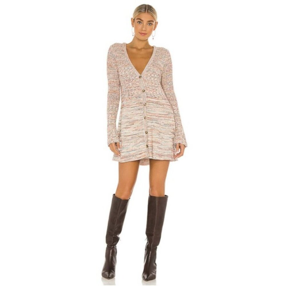 NWT Free People Rachel Cardigan Sweater Dress in Pink Smoothie V Neck Size L